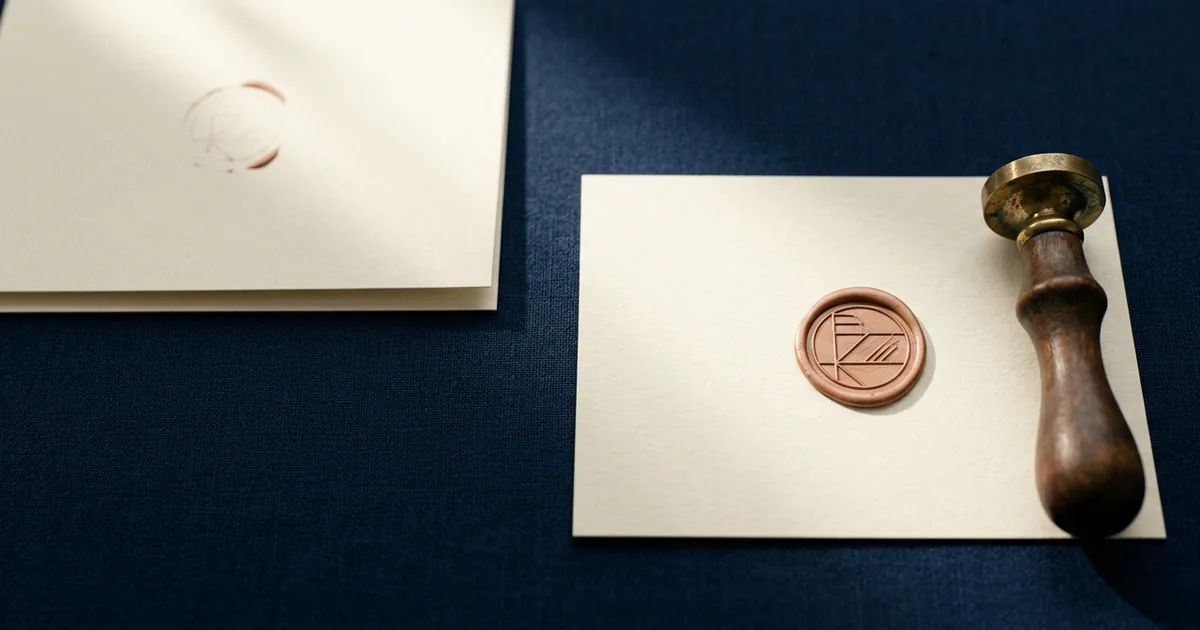 An antique brass wax seal stamp resting on a cream sheet that bears a crisp pressed copper wax seal, beside a second sheet carrying only a faint, incomplete impression, on a deep navy surface