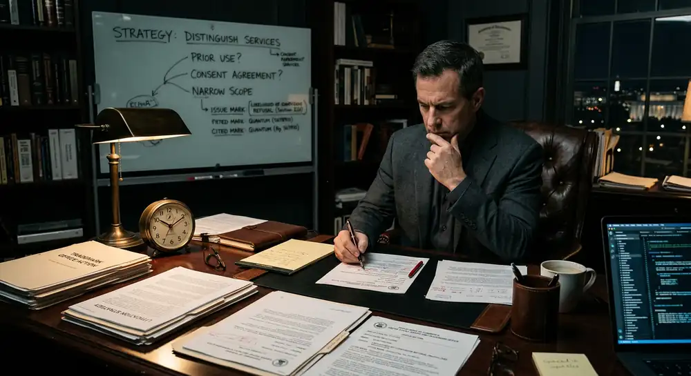 Trademark attorney reviewing a USPTO office action at a desk, with response strategy notes on a whiteboard and a clock marking the response deadline