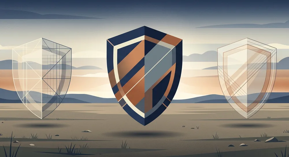 Three shield forms on an open plain: one solid navy and copper shield standing prominently in the centre, flanked by two lighter transparent outline shields, illustrating different levels of brand protection