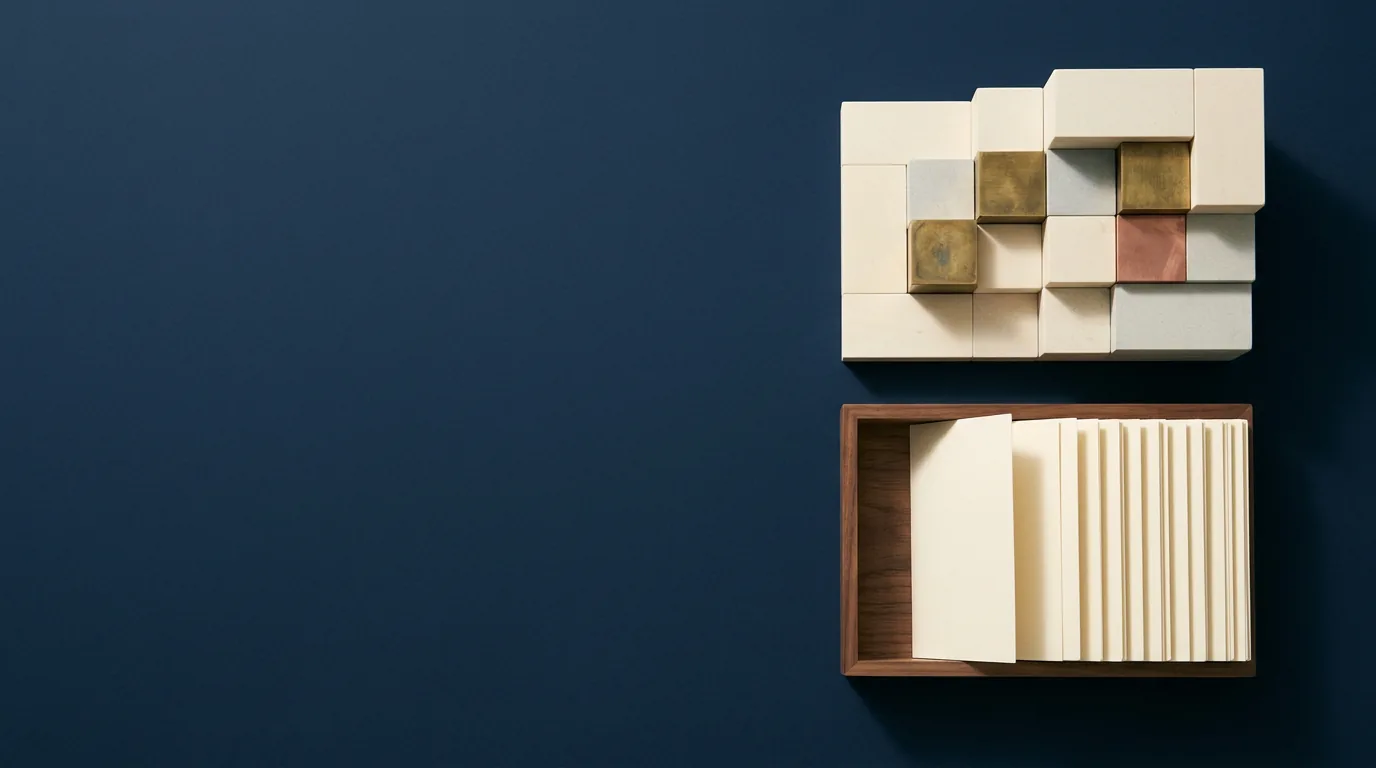 A stepped model of cream and stone blocks with a few brass and copper blocks among them, above an open wooden tray of blank index cards, on navy.