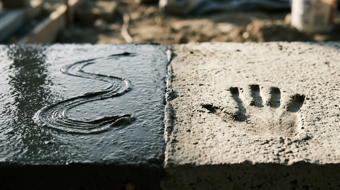 A concrete slab photographed at its edge: the left half still wet and workable with a trail drawn through it, the right half cured grey with a handprint set permanently into the surface.