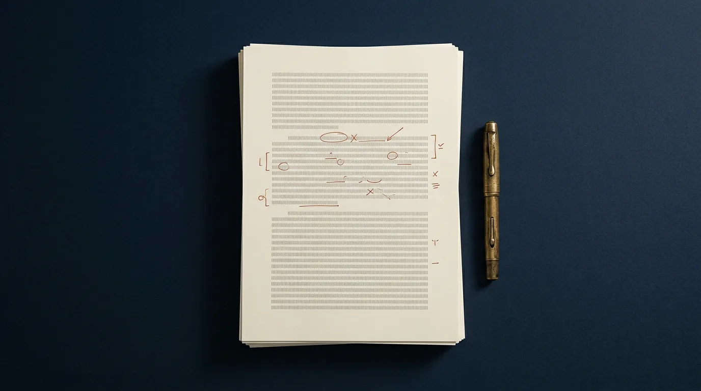 Stacked cream pages of uniform printed lines with hand-drawn copper editing marks, beside a brass fountain pen, on navy.