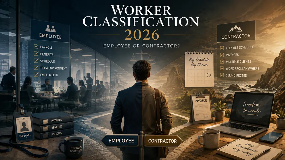 Worker at a crossroads between an employee office environment and an independent contractor workspace, illustrating 2026 classification choices